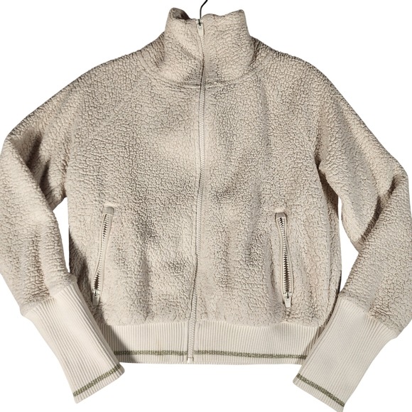 Athleta Tugga Sherpa Jacket Womens XS Full Zip Fleece Mock Neck Ribbed Cream - Picture 1 of 11